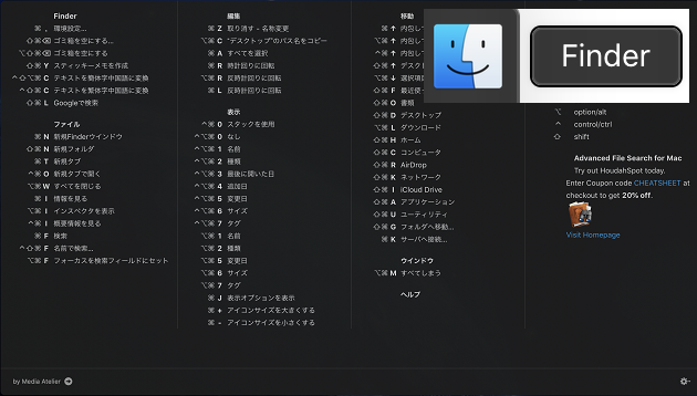 CheatSheet Finderのショートカットキーを表示